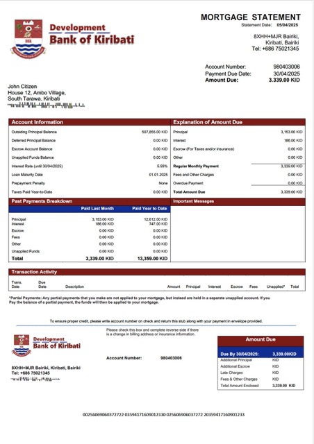 Download Kiribati Development Bank of Kiribati mortgage statement Word and PDF template Photoshop template